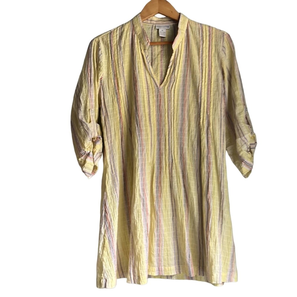 Soft Surroundings | Yellow Gauzy Striped Cotton Summer Beach Tunic size S